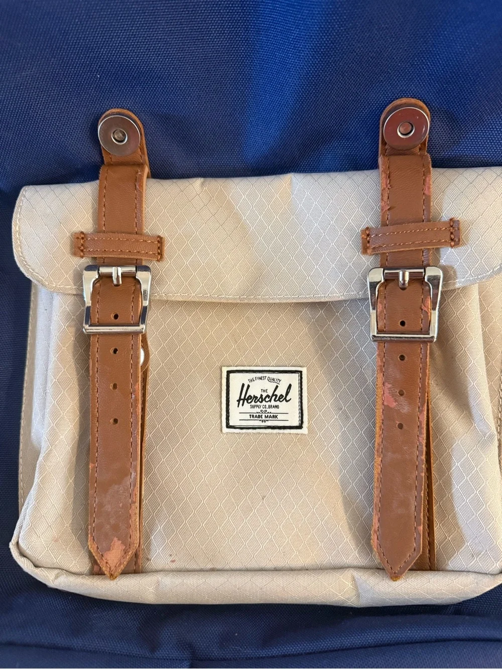 Herschel Supply Company Navy and Cream Canvas Backpack with Tan Straps